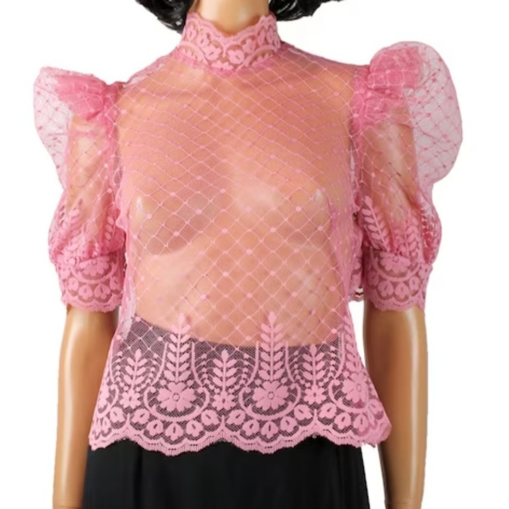 Sheer Lace Blouse XS Vintage 80s Bubblegum Pink Floral Puff Sleeve Dress Shirt